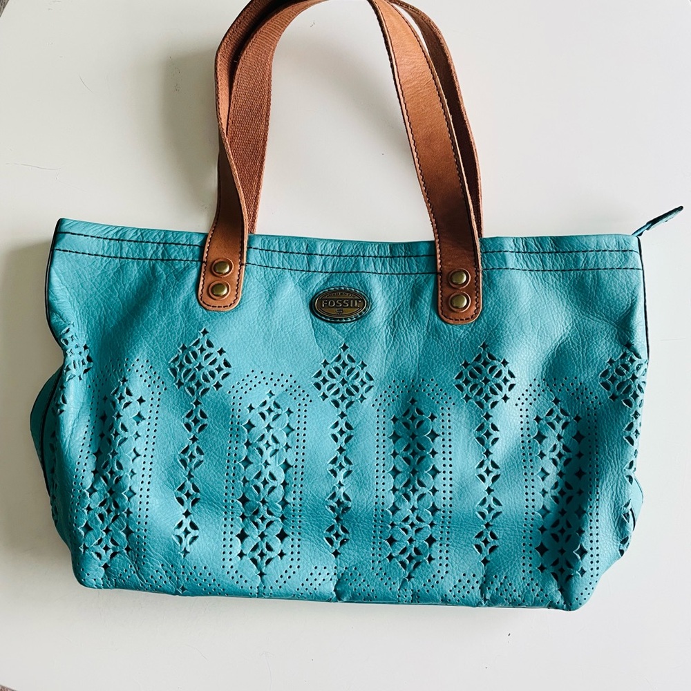 Fossil Blue Leather Tote Bag